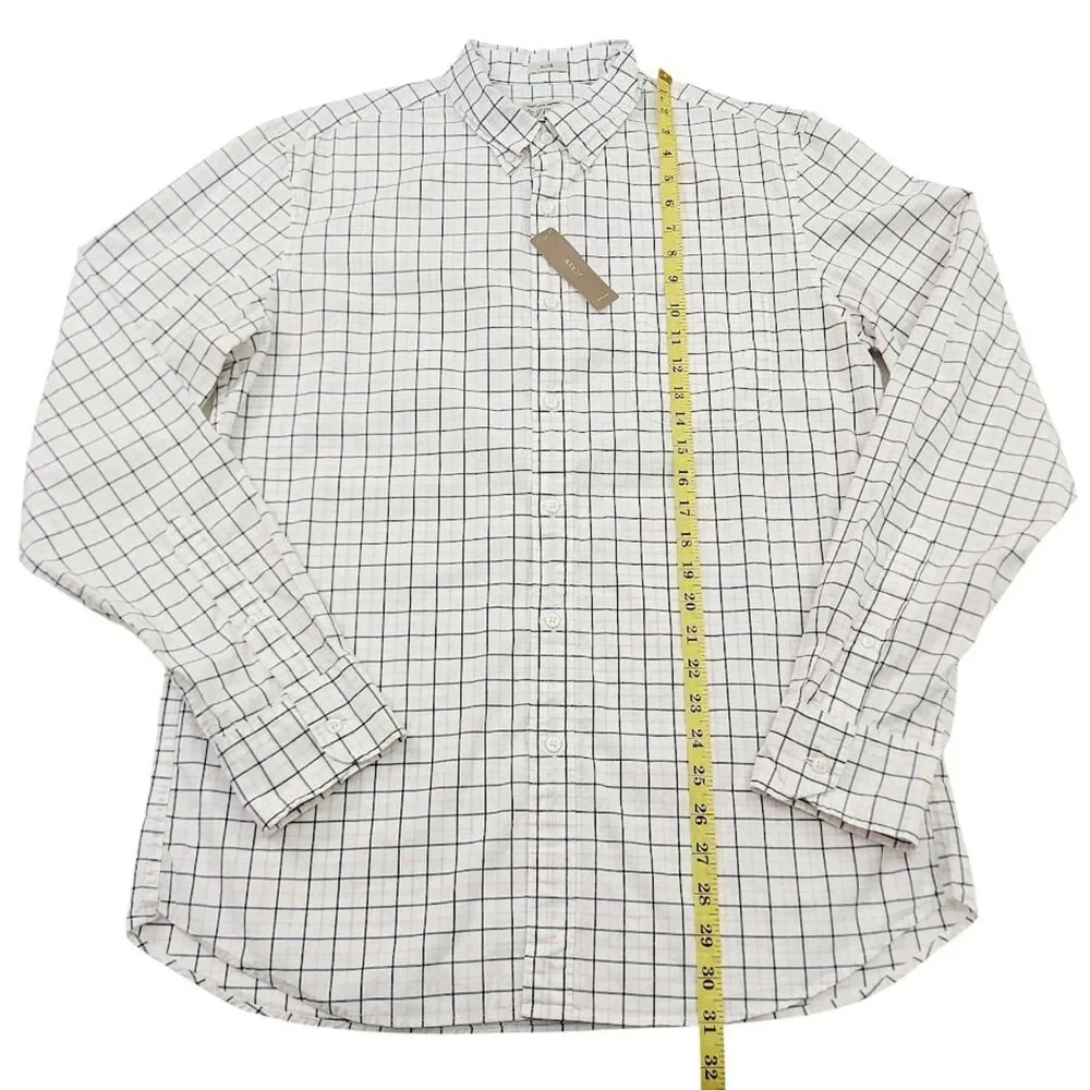 J Crew Mens Large White Shirt Slim Fit Stretch Checked Long Sleeve Workwear